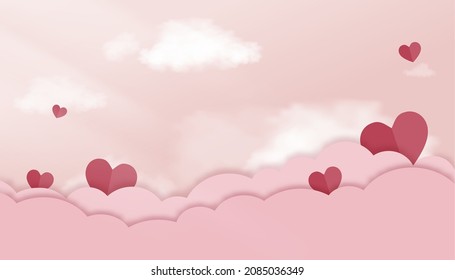 Happy valentines day greeting background in papercut style with fluffy clouds and red heart flying, Pink banner backdrop party invitation template with copy space words text 