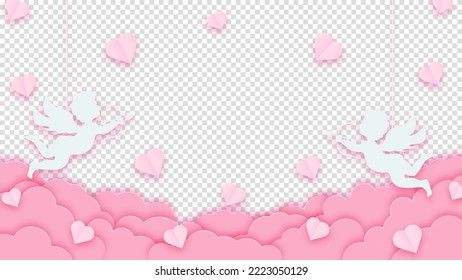 Happy valentines day greeting background in papercut style. Horizontal poster, greeting card flyer. Space for text. Holiday pink banner with paper clouds, cupids and hearts.