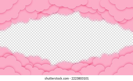 Happy valentines day greeting background in papercut style. Holiday pink banner with paper clouds. Horizontal poster, greeting card flyer. Space for text.