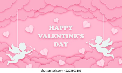 Happy valentines day greeting background in papercut style. Holiday blue banner with paper clouds, cupids and hearts. Horizontal poster, greeting card flyer. Place for text.