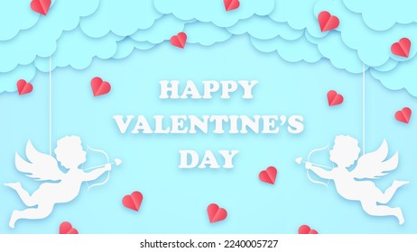 Happy valentines day greeting background in papercut style. Holiday blue banner with paper clouds, cupids and hearts. Place for text.