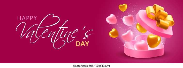 Happy Valentine's Day greeting background with pink and golden hearts flying out from a big heart shaped box with gold bow. 3d Realistic Vector illustration EPS10