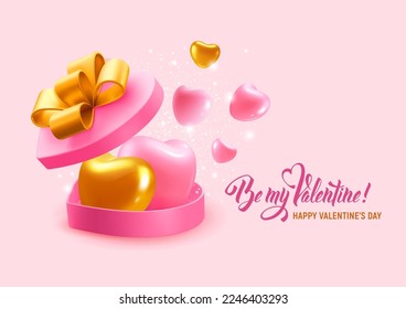 Feliz Día de San Valentín saludando a fondo con corazones rosados y dorados volando desde una gran caja con forma de corazón con arco dorado. 3d Ilustración vectorial realista EPS10