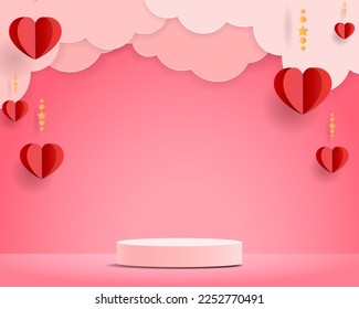 Happy valentines day greeting background in papercut realistic style. pink podium
