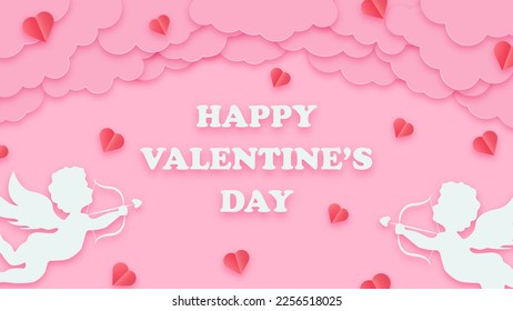 Happy valentines day greeting background in papercut style. Holiday blue banner with paper clouds, cupids and hearts. Horizontal poster, greeting card flyer. Place for text.