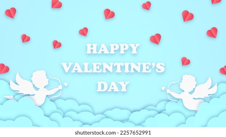 Happy valentines day greeting background in papercut style. Holiday blue banner with paper clouds, cupids and hearts. Place for text.