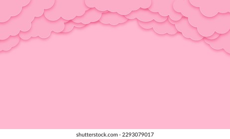 Happy valentines day greeting background in papercut style. Holiday pink banner with paper clouds. Horizontal poster, greeting card flyer. Space for text.