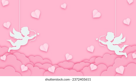 Happy valentines day greeting background in papercut style. Horizontal poster, greeting card flyer. Space for text. Holiday pink banner with paper clouds, cupids and hearts.