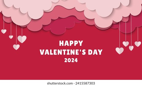 Happy valentines day greeting background. Paper cut clouds with hanging hearts. Vector illustration. Used for banner or greeting card.