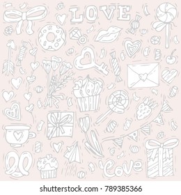 Happy Valentines day greeting background. Love icon. Sketch linear style illustration for Valentines day with love staff. Light pink color