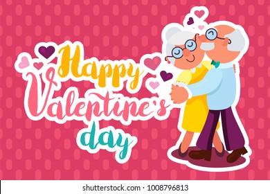 Happy Valentines Day Greeting Banner with dancing and smiling grandfather and grandmother. Love Forever. Vector