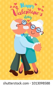 Happy Valentines Day Greeting Banner with dancing and smiling grandfather and grandmother. Love Forever. Vector