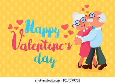 Happy Valentines Day Greeting Banner with dancing and smiling grandfather and grandmother. Love Forever. Vector