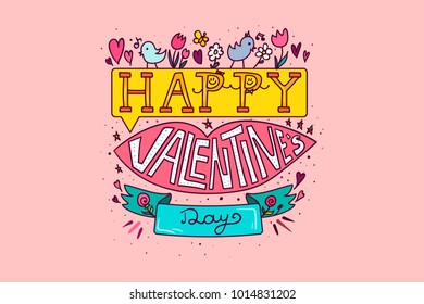 Happy Valentines Day Greeting Banner with pink lips, flowers, birds and hearts. Kiss. Vector
