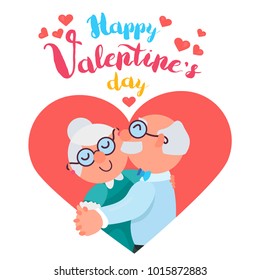 Happy Valentines Day Greeting Banner with dancing and smiling grandfather and grandmother. Love Forever. Vector