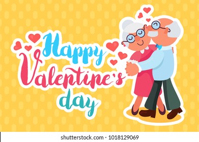 Happy Valentines Day Greeting Banner with dancing and smiling grandfather and grandmother. Love Forever. Vector