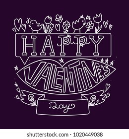 Happy Valentines Day Greeting Banner with pink lips, flowers, birds and hearts. Kiss. Vector