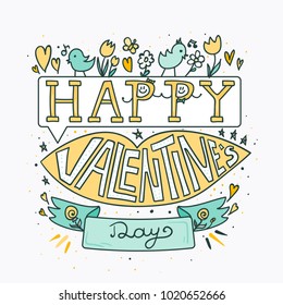 Happy Valentines Day Greeting Banner with pink lips, flowers, birds and hearts. Kiss. Vector