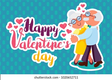 Happy Valentines Day Greeting Banner with dancing and smiling grandfather and grandmother. Love Forever. Vector