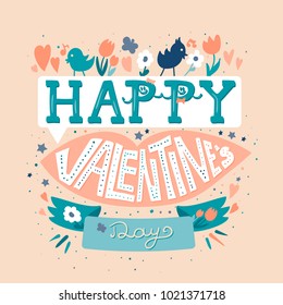 Happy Valentines Day Greeting Banner with pink lips, flowers, birds and hearts. Kiss. Vector