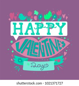 Happy Valentines Day Greeting Banner with pink lips, flowers, birds and hearts. Kiss. Vector