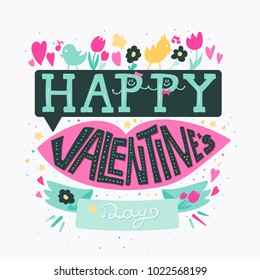 Happy Valentines Day Greeting Banner with pink lips, flowers, birds and hearts. Kiss. Vector