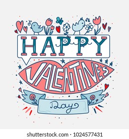 Happy Valentines Day Greeting Banner with pink lips, flowers, birds and hearts. Kiss. Vector