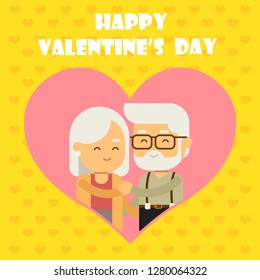 Happy Valentines Day Greeting Banner with dancing and smiling grandfather and grandmother