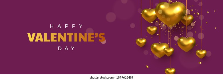 Happy Valentines Day greeting banner. Golden metal 3d hanging hearts with tinsel. Decorative design element for wedding, Valentines day, love concept. Vector.