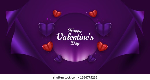 Happy Valentine's day greeting banner with open gift wrap paper and scattered realistic hearts on purple background. Romantic background with 3d decorative objects. Vector illustration