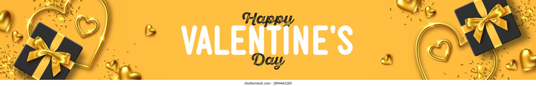 Happy Valentine's Day greeting banner. Header for website with romantic composition of gift boxes with gold bow and gold jewelry hearts, vector illustration