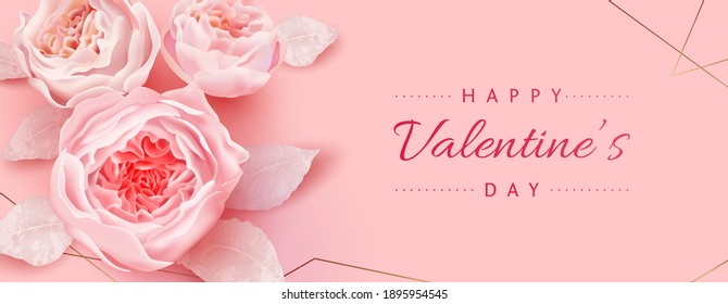 Happy Valentines Day Greeting Banner With Beautiful Flowers. Vector Illustration