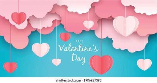 Happy valentines day greeting banner in papercut realistic style. paper hearts, clouds and pearls on string. calligraphy text Free Vector