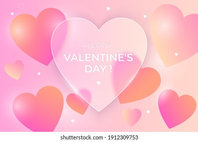 Happy Valentine's Day greeting banner. Glass-morphism background with bright hearts and frosted transparent glass on a gradient background. Premium vectors.