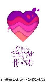 Happy Valentine's Day greeting banner in paper cut realistic style. Pink paper heart. Calligraphy text.
