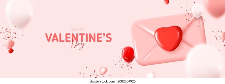 Happy Valentine's Day greeting banner. Holiday decoration design with abstract 3d composition for Valentine's Day. Vector illustration with, envelope, hearts, balloons and confetti. Holiday card.