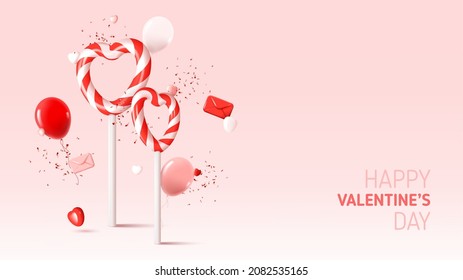 Happy Valentine's Day greeting banner. Vector illustration with abstract composition for Valentine's Day . Holiday decoration design with 3d symbols and elements. Holiday card.