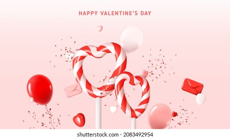 Happy Valentine's Day greeting banner. Holiday decoration design with 3d symbols and elements. Vector illustration with abstract composition for Valentine's Day. Holiday card.