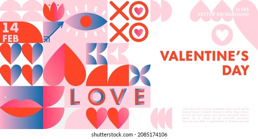 Happy Valentines Day greeting banner template.Romantic vector layout in bauhaus style with geometric elements and symbols.Modern trendy design for banners,invitations,prints,promo offers.