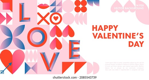 Happy Valentines Day greeting banner template.Romantic vector layout in bauhaus style with geometric elements and symbols.Modern trendy design for banners,invitations,prints,promo offers.