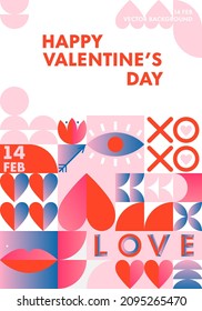 Happy Valentines Day greeting banner template.Romantic vector layout in bauhaus style with geometric elements and symbols.Modern trendy design for banners,invitations,prints,promo offers.