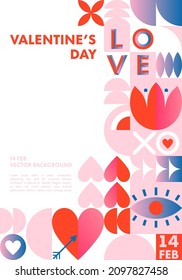 Happy Valentines Day greeting banner template.Romantic vector layout in bauhaus style with geometric elements and symbols.Modern trendy design for banners,invitations,prints,promo offers.