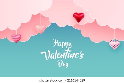 Happy Valentine's day. greeting banner. Paper hearts and clouds. Vector illustration