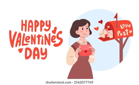 Happy Valentines day greeting banner. Sweet girl sends letter to her lover. Red mailbox and groovy lettering. February 14 celebration of love background. Festive congratulations. Vector illustration.