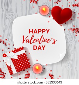 Happy Valentine's Day greeting banner. Top view on romantic composition with gift box and red case for ring. Beautiful backdrop with card and candles on wooden texture. Vector illustration.