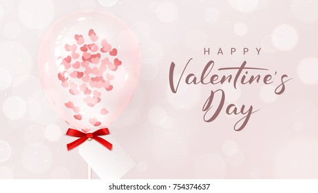 Happy Valentine's Day Greeting Banner. Beautiful Background with Realistic Transparent Pink Air Balloon with Confetti. Vector Illustration with Effect Bokeh.
