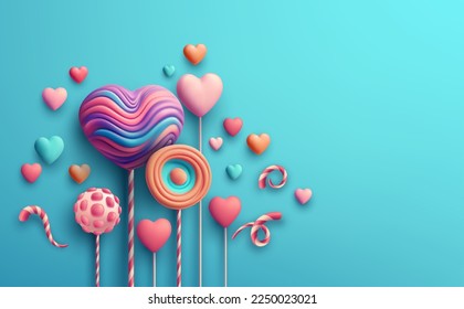 Happy Valentines Day greeting with candy, sweets, heart shaped lollipops. 3d realistic scene Cosmetic Products and Tropical Palm Leaves. Web Site Design, Landing Page. Vector illustration EPS10