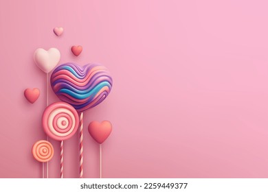 Happy Valentines Day greeting with candy, sweets, heart shaped lollipops. 3d realistic scene. Web Site Design, Landing Page. Vector illustration EPS10