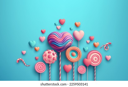 Happy Valentines Day greeting with candy, sweets, heart shaped lollipops. 3d realistic scene. Web Site Design, Landing Page. Vector illustration EPS10