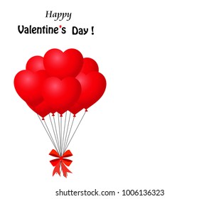 Happy Valentine's day greeting card with bunch of red heart shaped balloons wrapped with festive bow flying for party and celebrations with space for text on white. Vector Illustration, template.